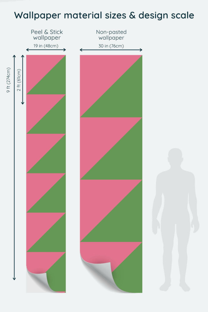 Size comparison of Big triangles Peel & Stick and Non-pasted wallpapers with design scale relative to human figure