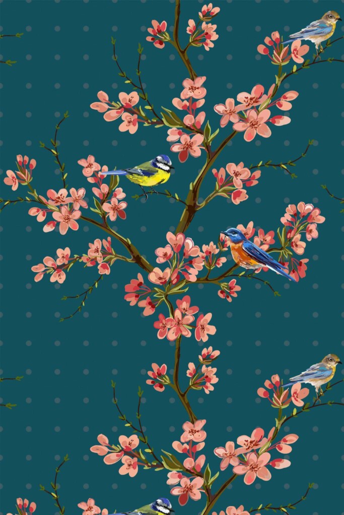 Pattern repeat of Bird and sakura tree removable wallpaper design