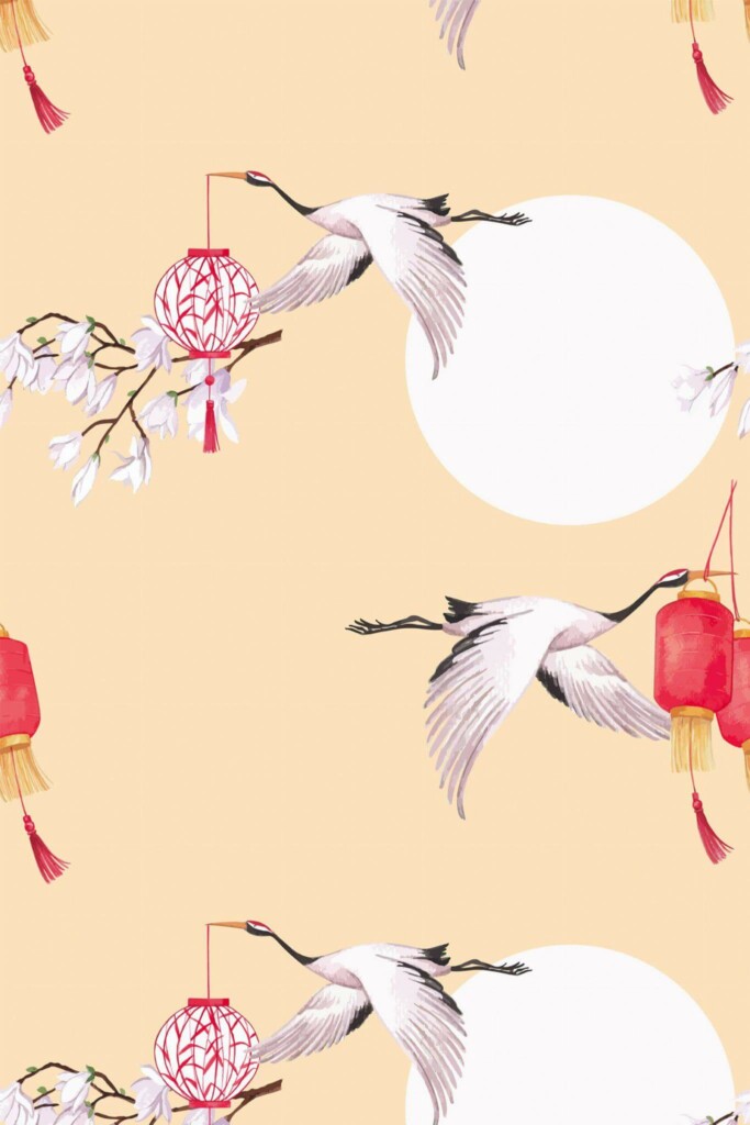 Pattern repeat of Bird chinoiserie removable wallpaper design