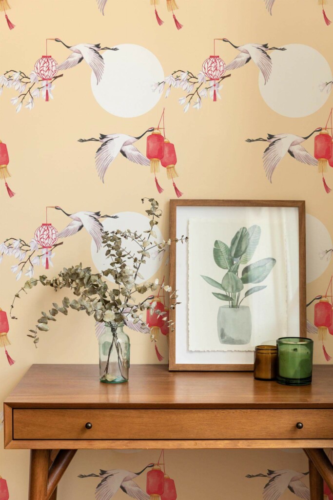 Mid-century modern style living room decorated with Bird chinoiserie peel and stick wallpaper