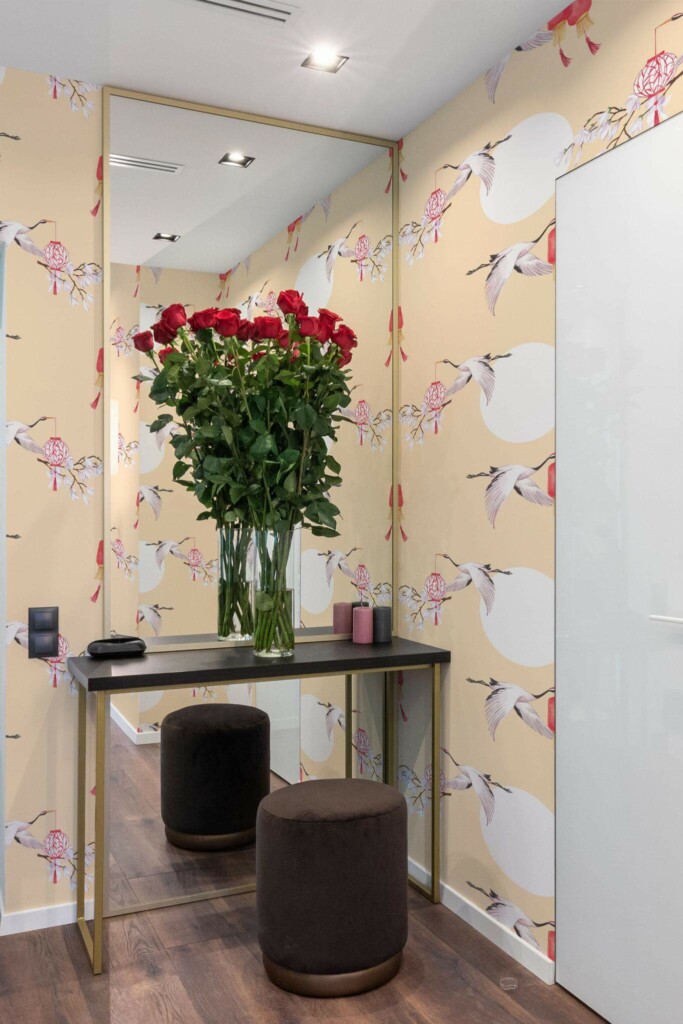 Minimal modern style powder room in a hallway decorated with Bird chinoiserie peel and stick wallpaper