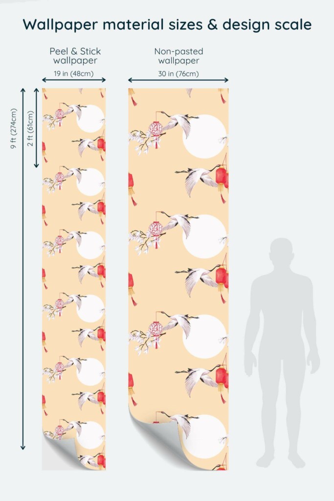 Size comparison of Bird chinoiserie Peel & Stick and Non-pasted wallpapers with design scale relative to human figure
