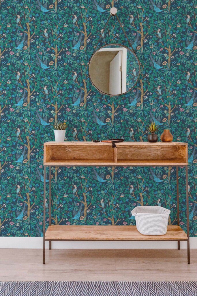Contemporary style entryway decorated with Bird forest peel and stick wallpaper