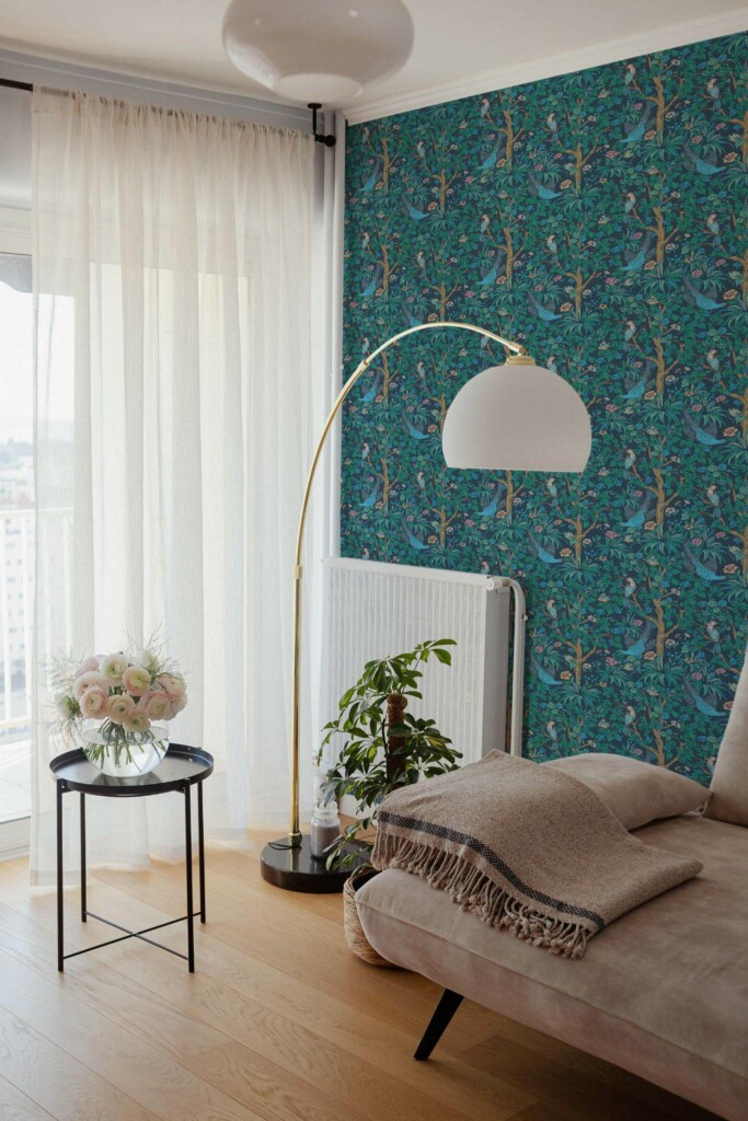 Bohemian Scandinavian style living room decorated with Bird forest peel and stick wallpaper