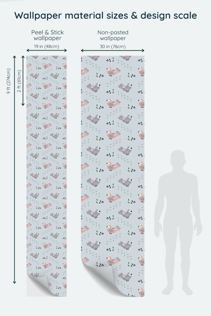 Size comparison of Bird nursery Peel & Stick and Non-pasted wallpapers with design scale relative to human figure