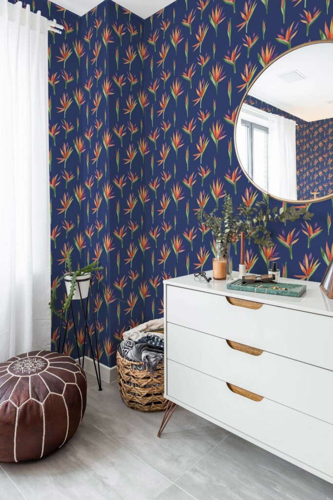 Scandinavian style bedroom decorated with Bird of paradise peel and stick wallpaper and Mediterranean accents