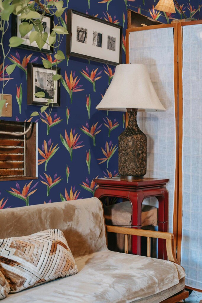 Southwestern style living room decorated with Bird of paradise peel and stick wallpaper