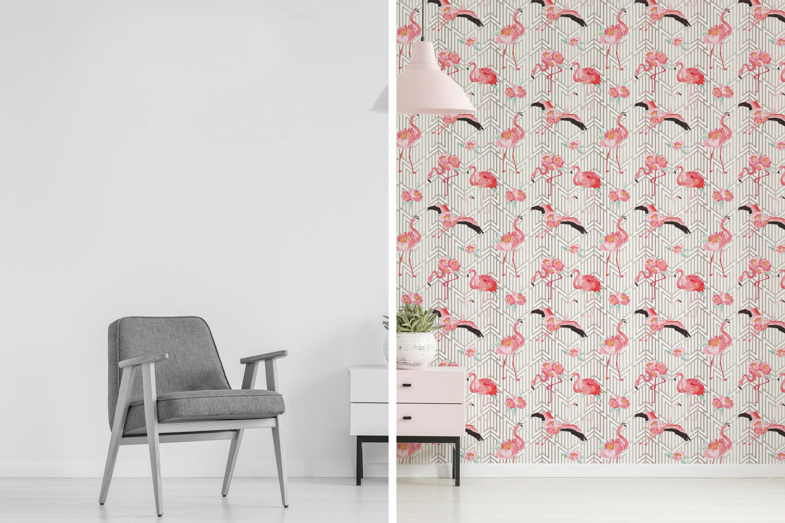 bird pink and beige traditional wallpaper