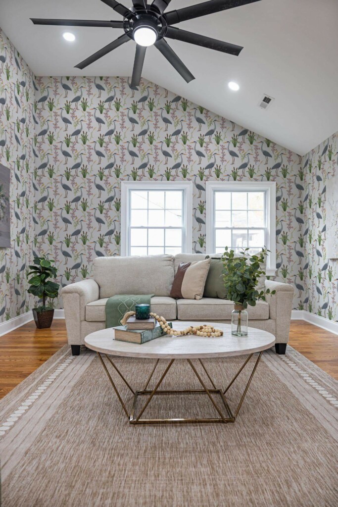 Scandinavian style living room decorated with Bird peel and stick wallpaper