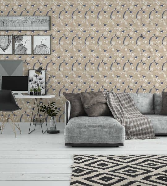 bird yellow and blue traditional wallpaper