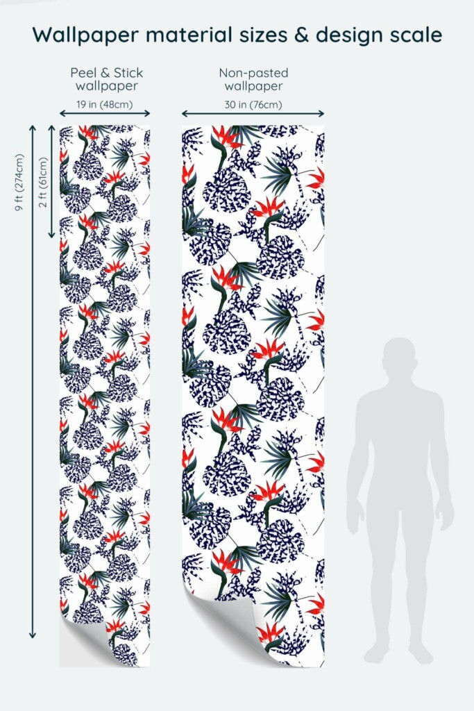Size comparison of Birds of paradise Peel & Stick and Non-pasted wallpapers with design scale relative to human figure