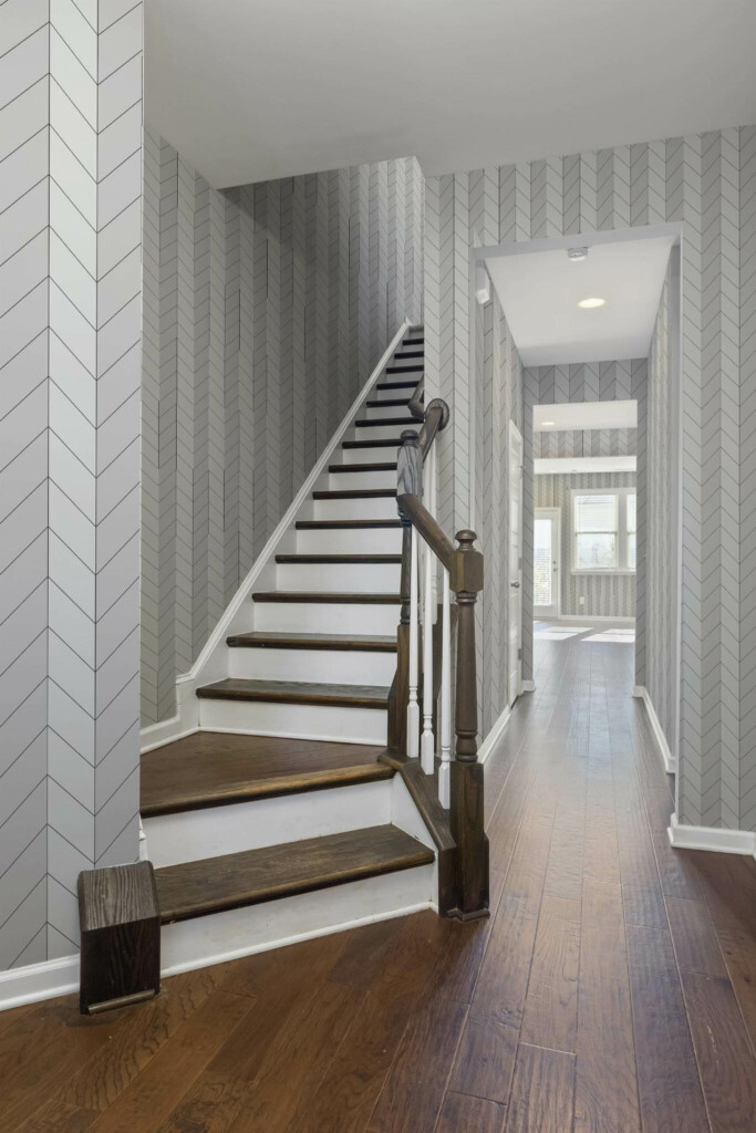 Rustic style hallway decorated with Bison taupe herringbone peel and stick wallpaper