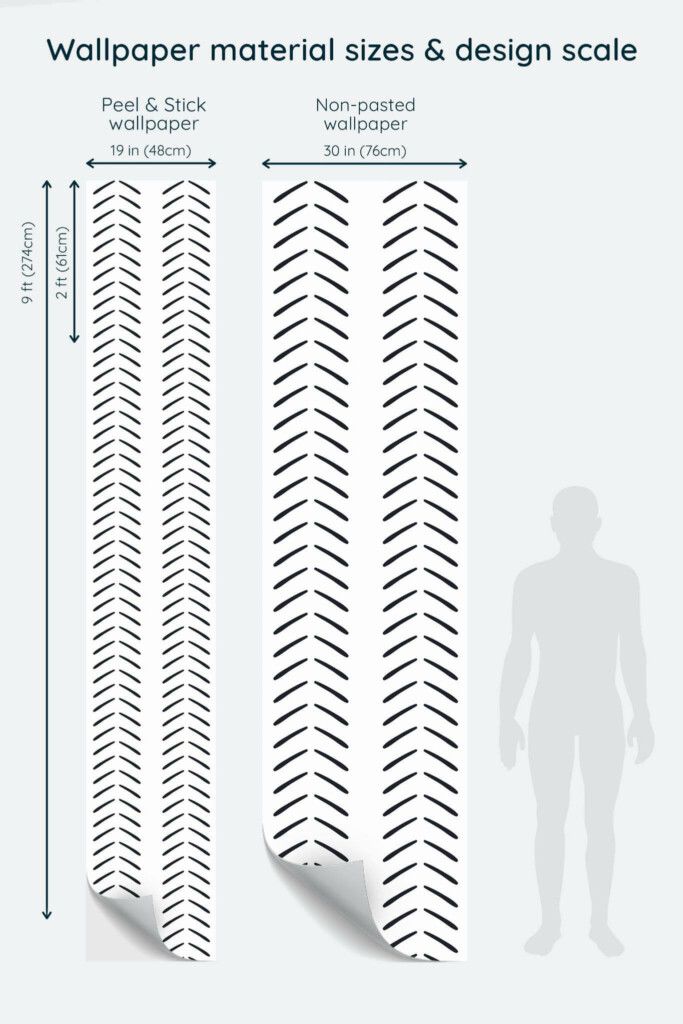 Size comparison of Black aesthetic herringbone Peel & Stick and Non-pasted wallpapers with design scale relative to human figure
