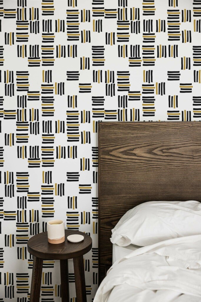 Farmhouse style bedroom decorated with Black and beige stripes peel and stick wallpaper