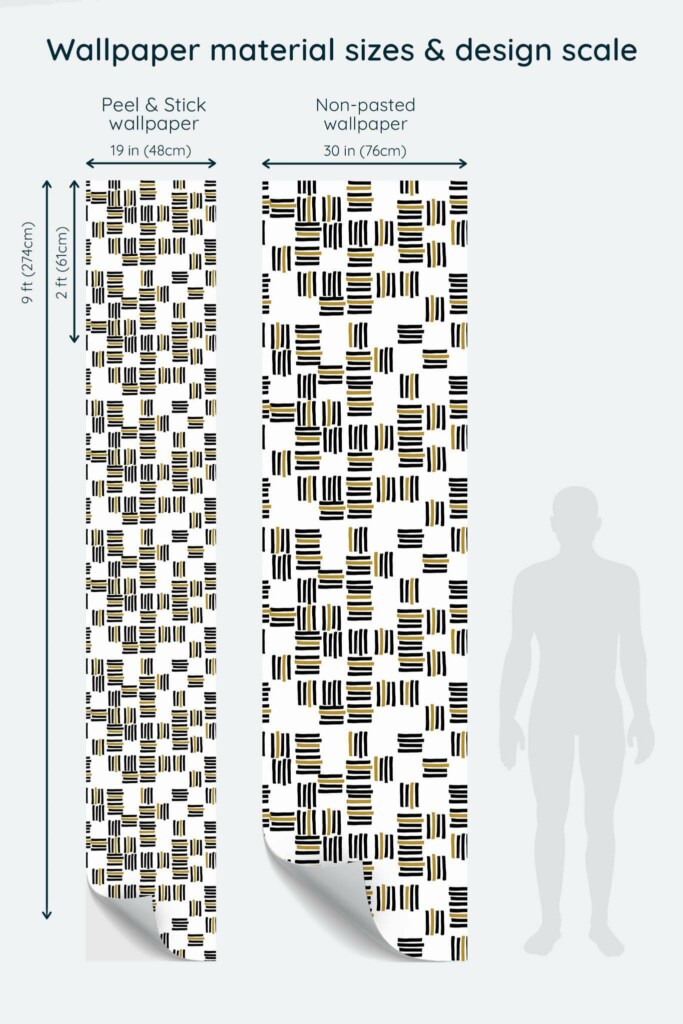 Size comparison of Black and brown stripes Peel & Stick and Non-pasted wallpapers with design scale relative to human figure