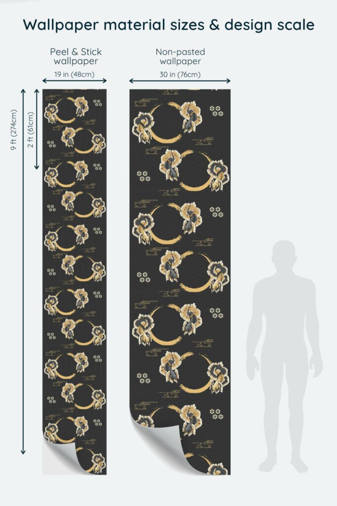 Size comparison of Black and gold color fish abstract Peel & Stick and Non-pasted wallpapers with design scale relative to human figure
