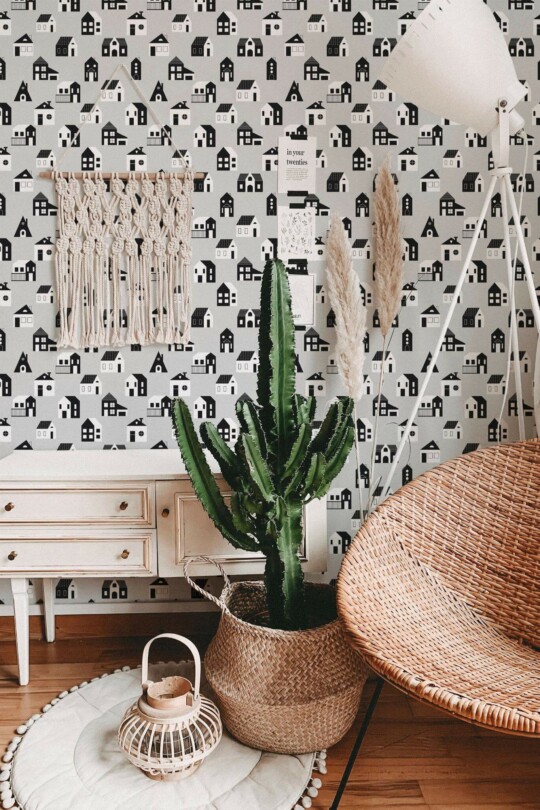 Bohemian style living room decorated with Black and gray house peel and stick wallpaper