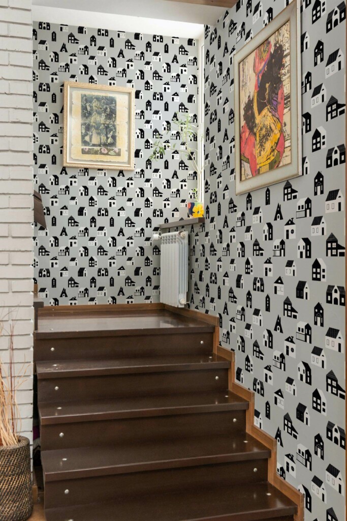 Mid-century style staircase decorated with Black and gray house peel and stick wallpaper