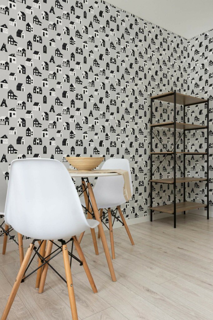 Minimalist style dining room decorated with Black and gray house peel and stick wallpaper
