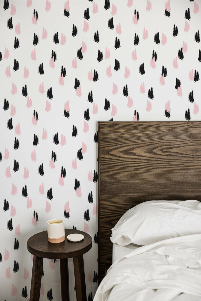 Farmhouse style bedroom decorated with Black and pink Brush stroke peel and stick wallpaper