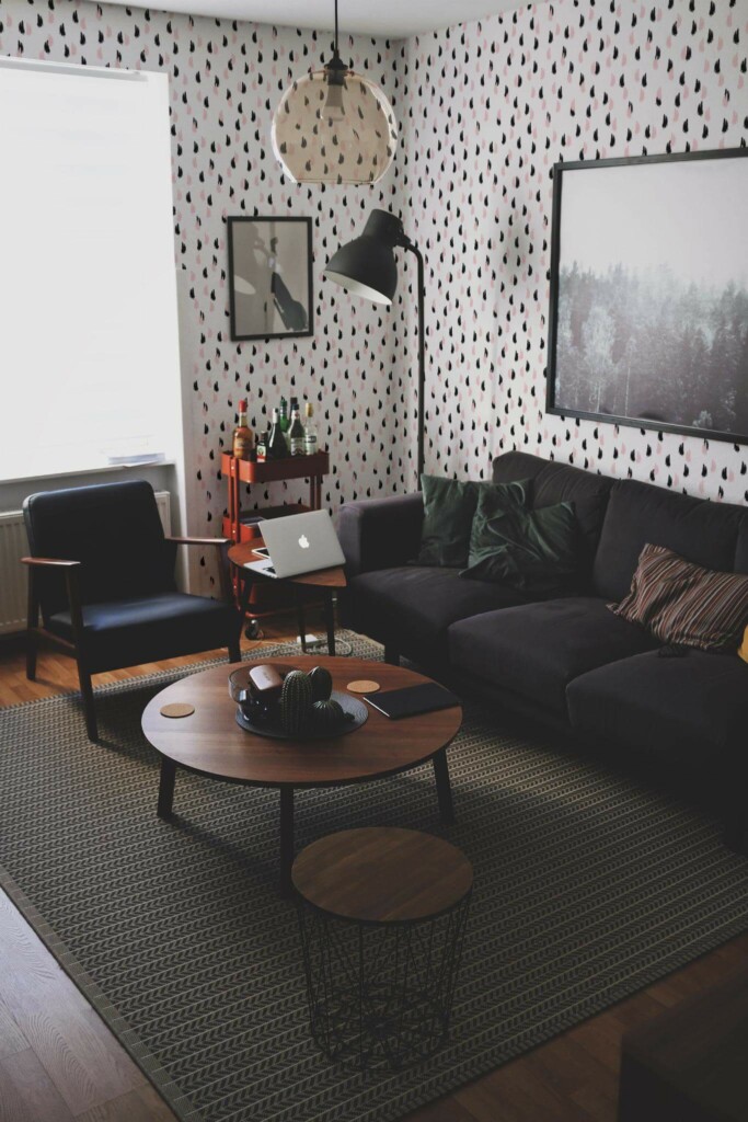 Modern dark industrial style living room decorated with Black and pink Brush stroke peel and stick wallpaper