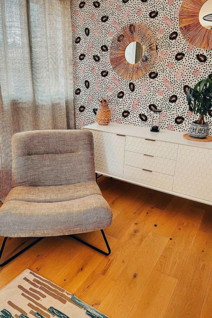 Modern style living room decorated with Black and pink dotted floral peel and stick wallpaper