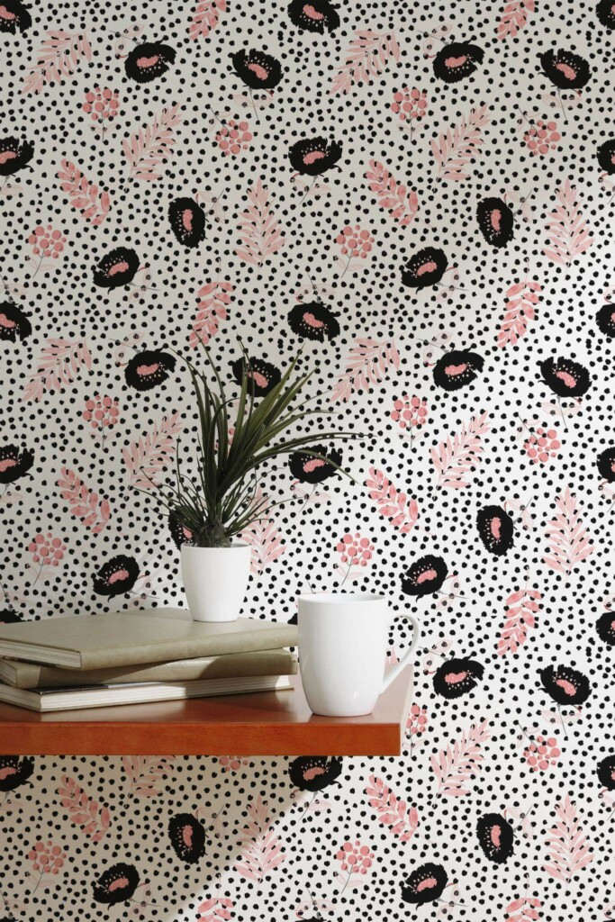 Scandinavian style accent wall decorated with Black and pink dotted floral peel and stick wallpaper