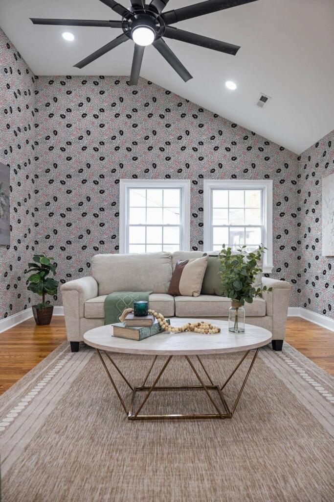 Scandinavian style living room decorated with Black and pink dotted floral peel and stick wallpaper