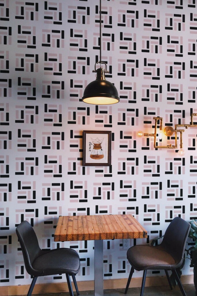 Rustic farmhouse style dining room decorated with Black and pink geometric peel and stick wallpaper