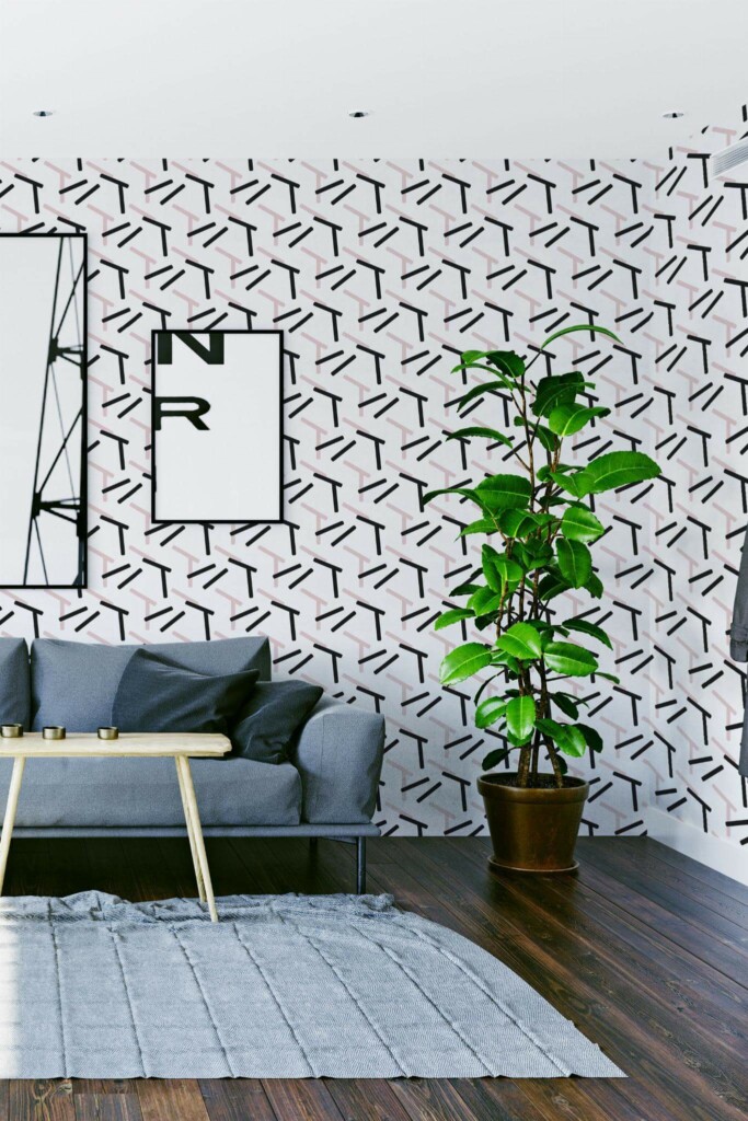 Modern scandinavian style living room decorated with Black and pink shapes peel and stick wallpaper
