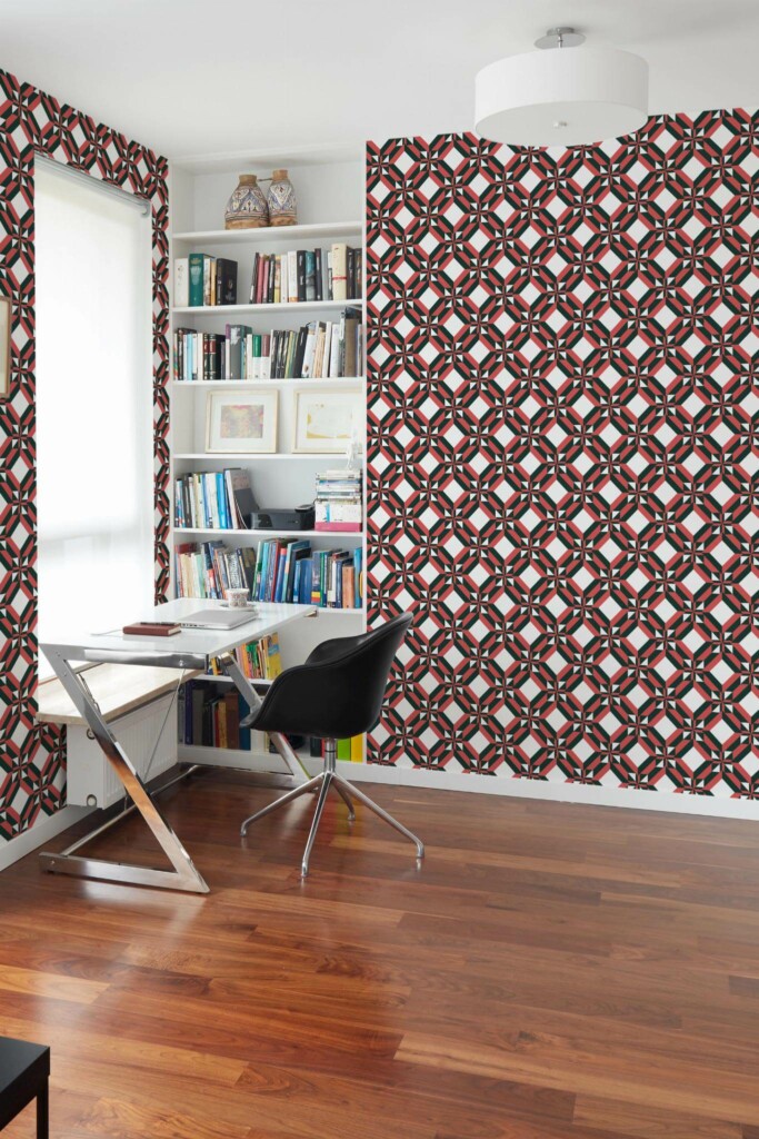 Minimal style home office decorated with Black and red geometric peel and stick wallpaper
