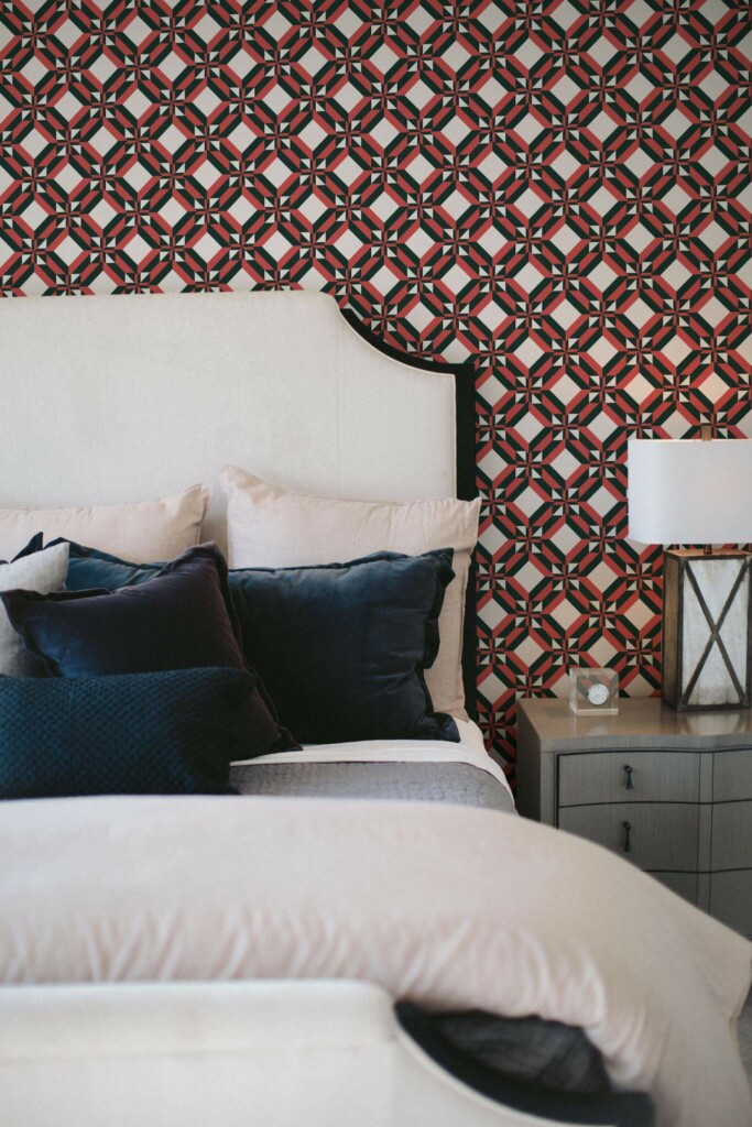 Shabby chic style bedroom decorated with Black and red geometric peel and stick wallpaper