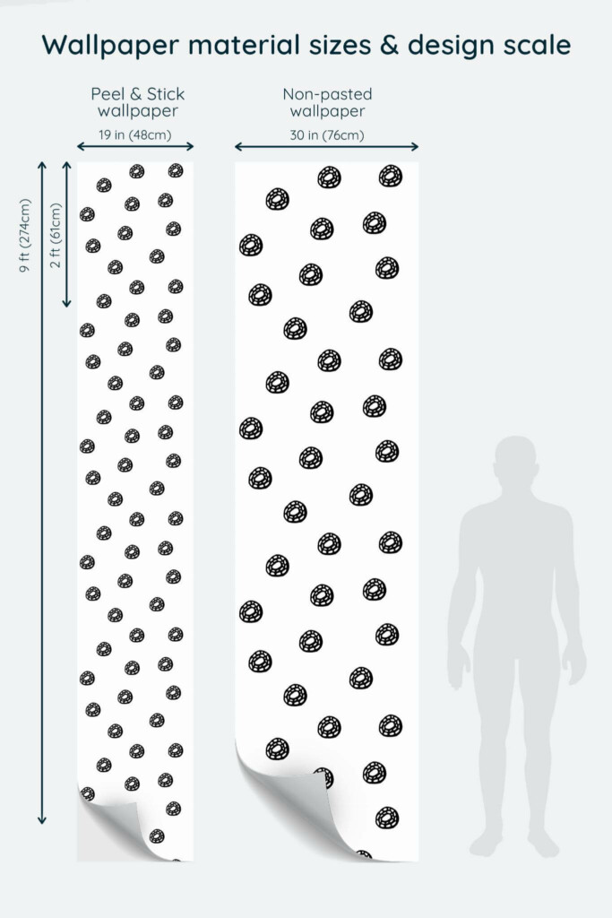Size comparison of Black and white abstract circle Peel & Stick and Non-pasted wallpapers with design scale relative to human figure