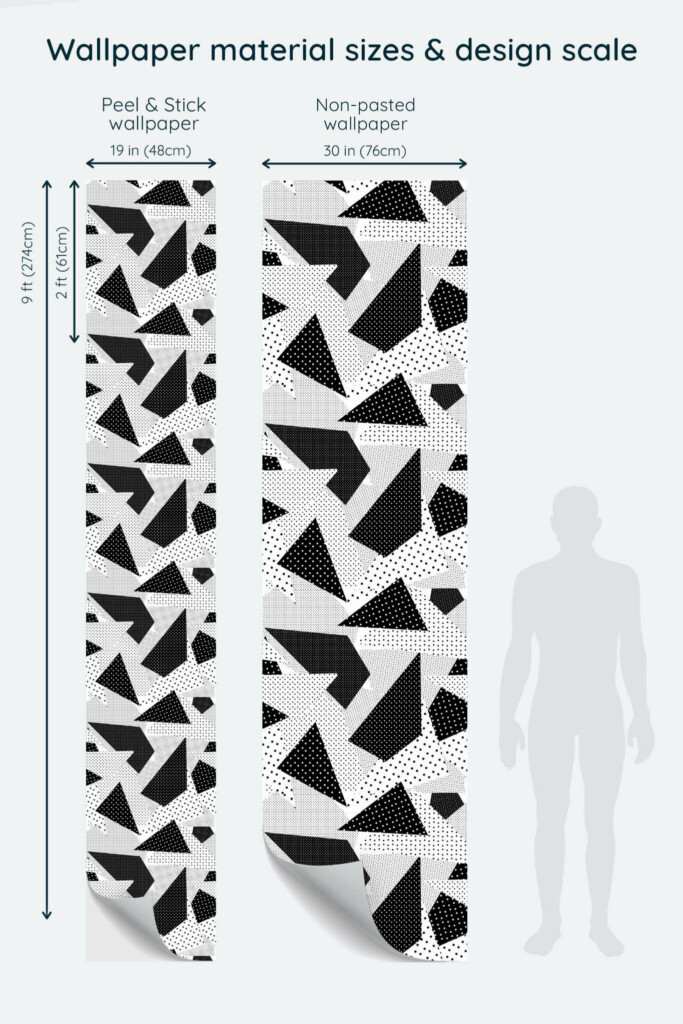 Size comparison of Black and white abstract geometric Peel & Stick and Non-pasted wallpapers with design scale relative to human figure