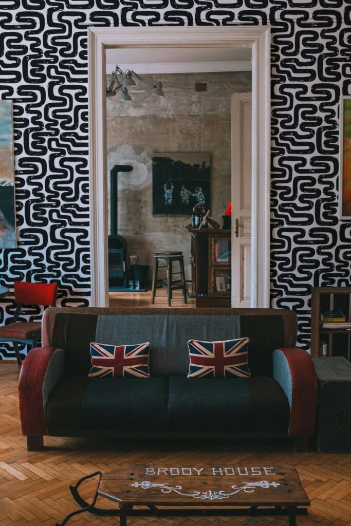 Industrial rustic style living dining room decorated with Black and white abstract peel and stick wallpaper