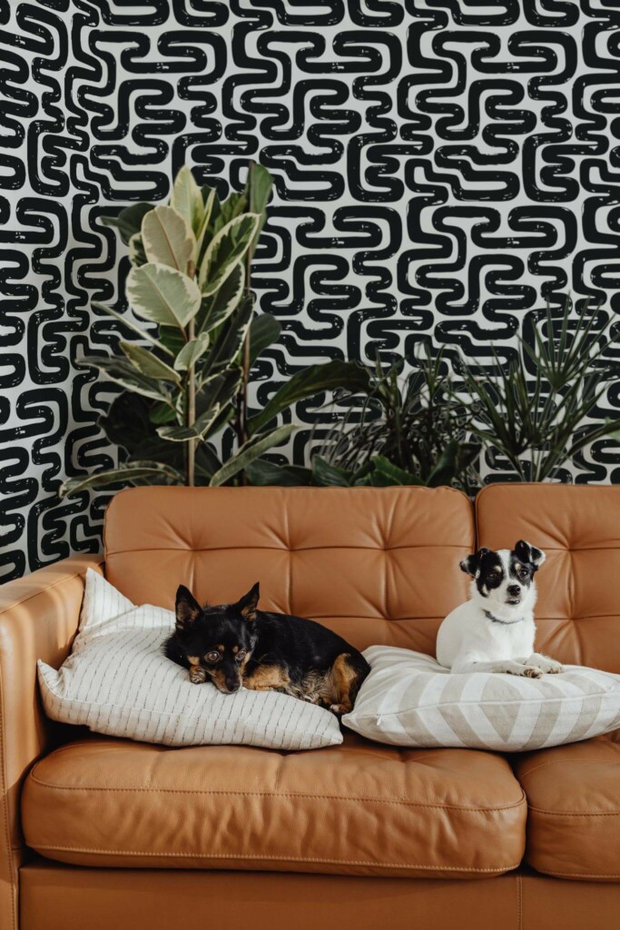 Mid-century modern style living room decorated with Black and white abstract peel and stick wallpaper