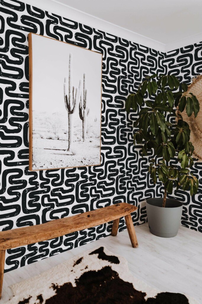 Scandinavian style entryway decorated with Black and white abstract peel and stick wallpaper