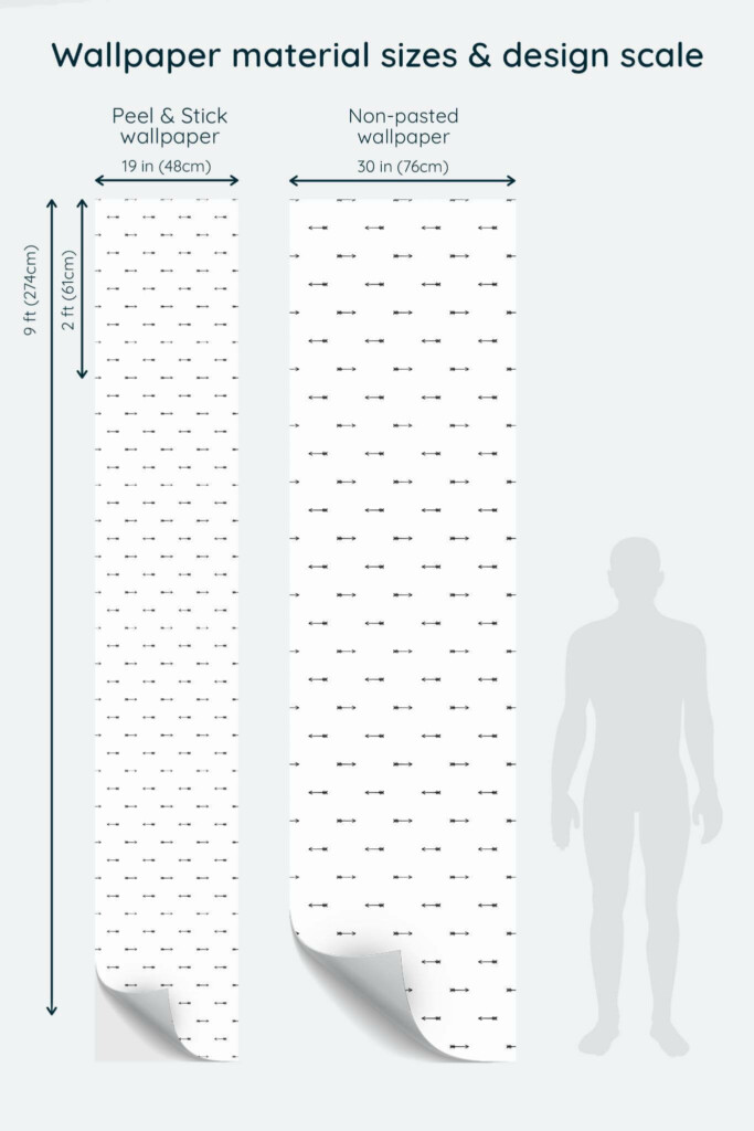 Size comparison of Black and white arrow Peel & Stick and Non-pasted wallpapers with design scale relative to human figure