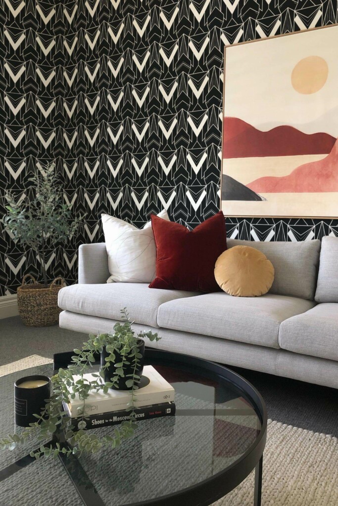 Boho style living room decorated with Black and white Art deco peel and stick wallpaper
