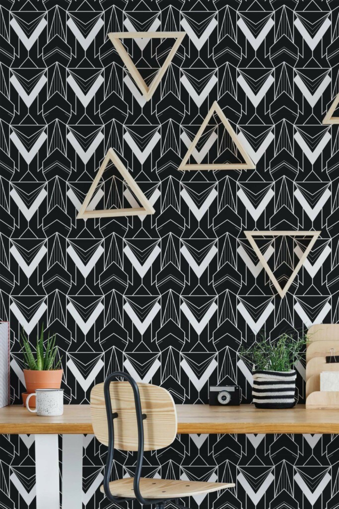 Scandinavian style home office decorated with Black and white Art deco peel and stick wallpaper