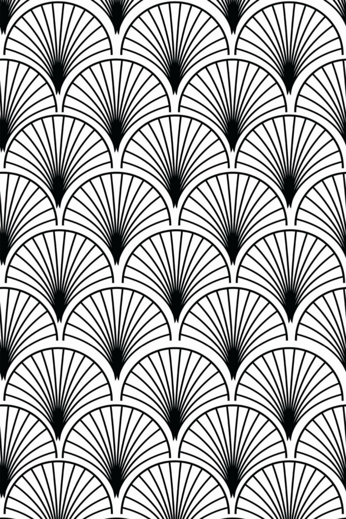 Pattern repeat of Black and white Art Deco shell removable wallpaper design