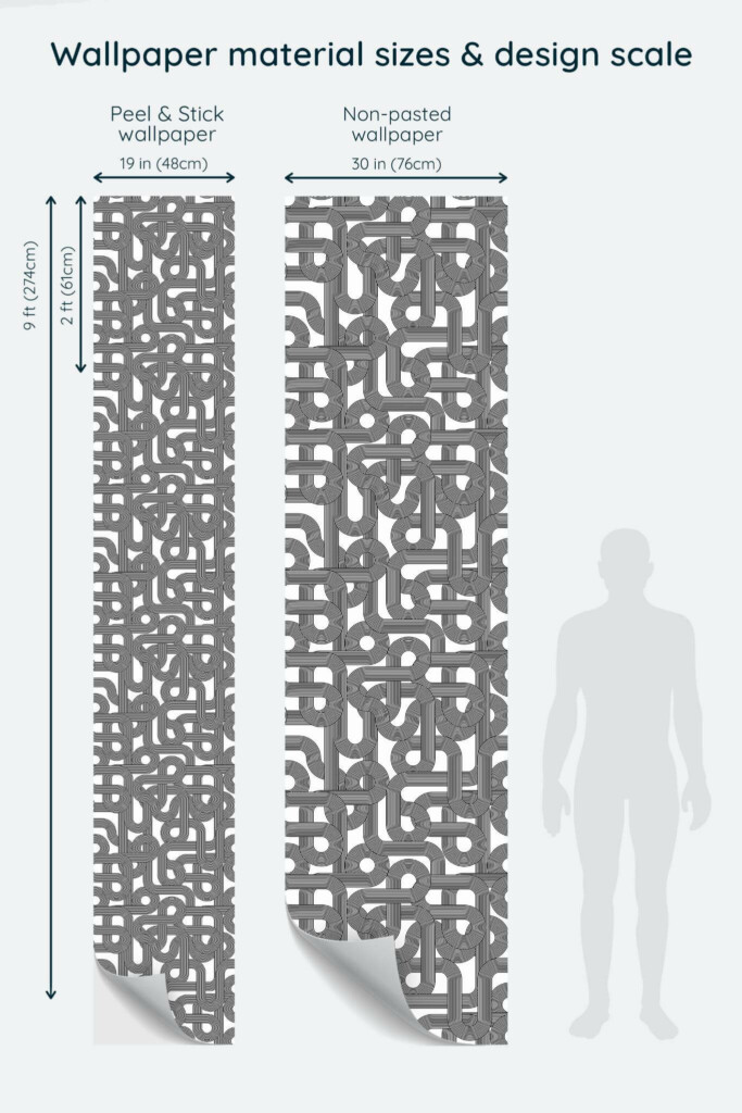 Size comparison of Black and white Art Deco Peel & Stick and Non-pasted wallpapers with design scale relative to human figure