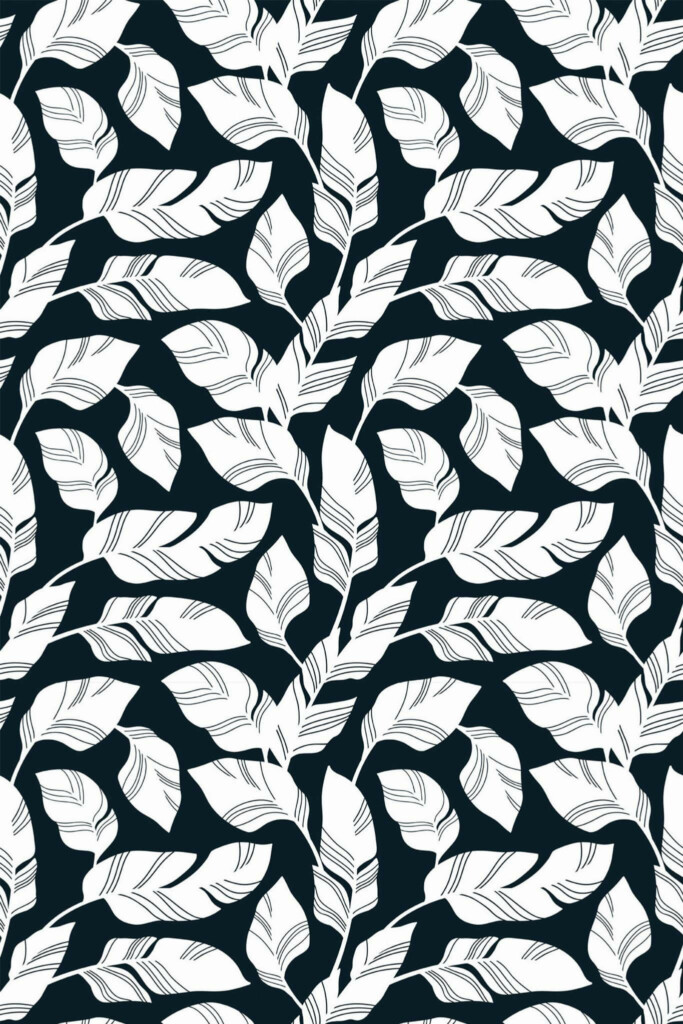 Pattern repeat of Black and white banana leaf removable wallpaper design