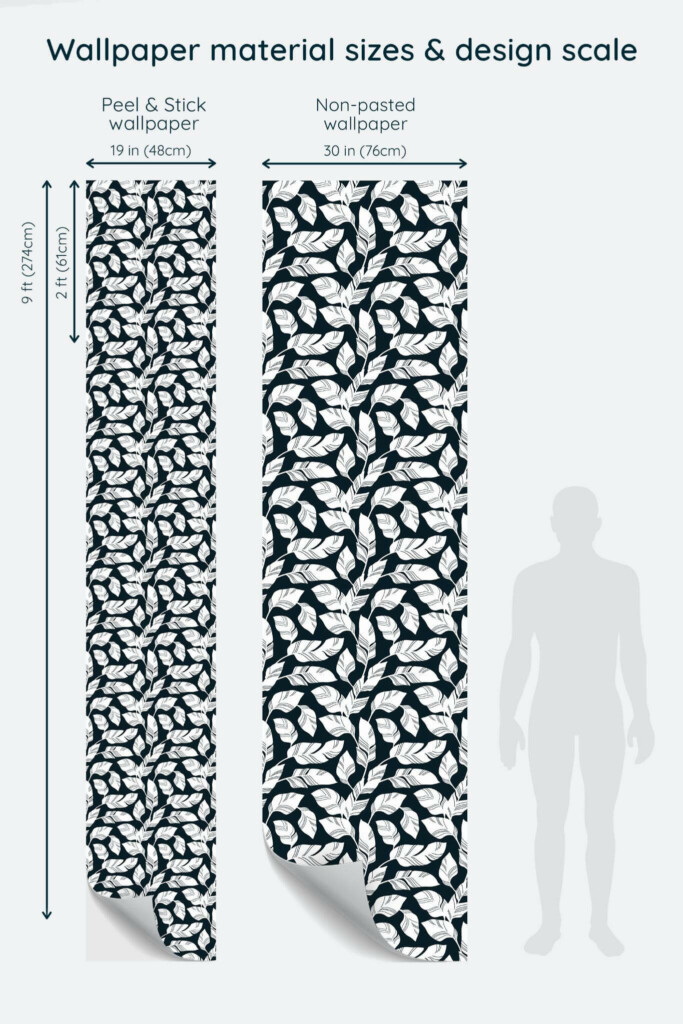 Size comparison of Black and white banana leaf Peel & Stick and Non-pasted wallpapers with design scale relative to human figure