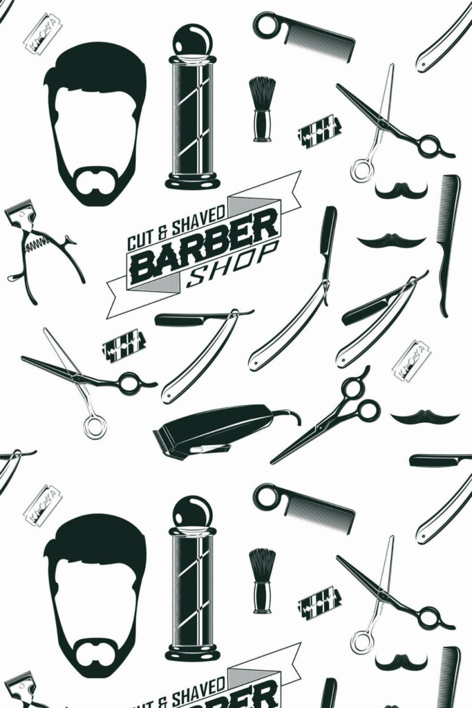 Pattern repeat of Black and white barber shop removable wallpaper design