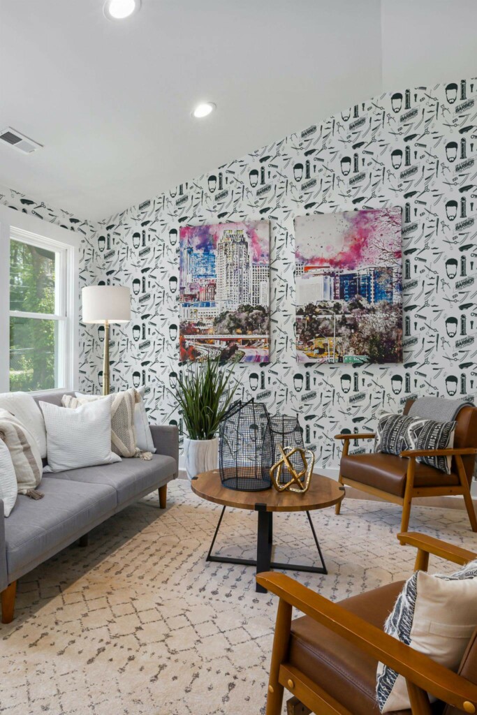 Mid-century modern style living room decorated with Black and white barber shop peel and stick wallpaper and colorful funky artwork