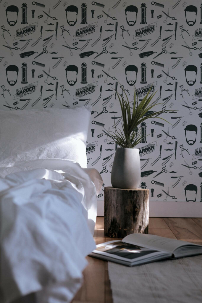 Minimal scandinavian style bedroom decorated with Black and white barber shop peel and stick wallpaper