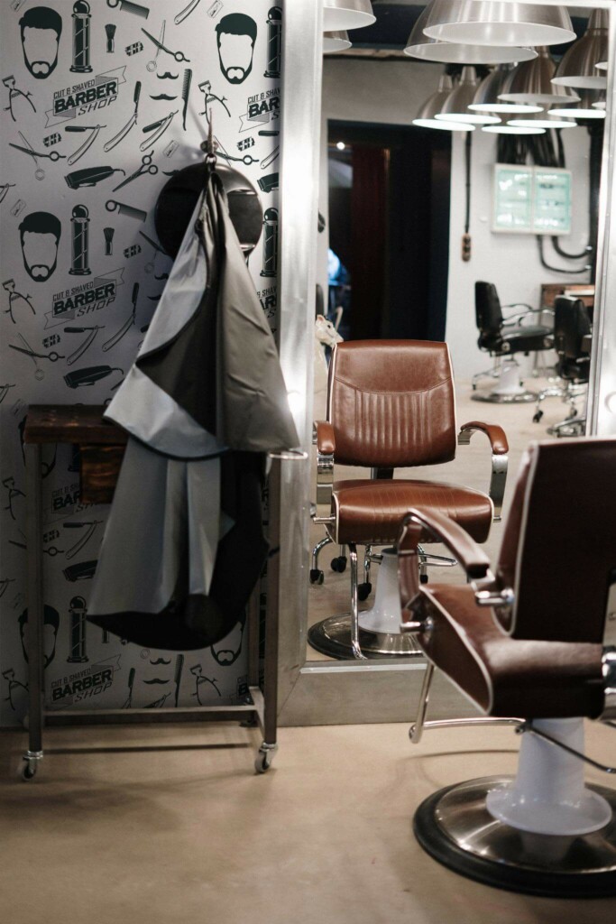 Retro style barber shop decorated with Black and white barber shop peel and stick wallpaper