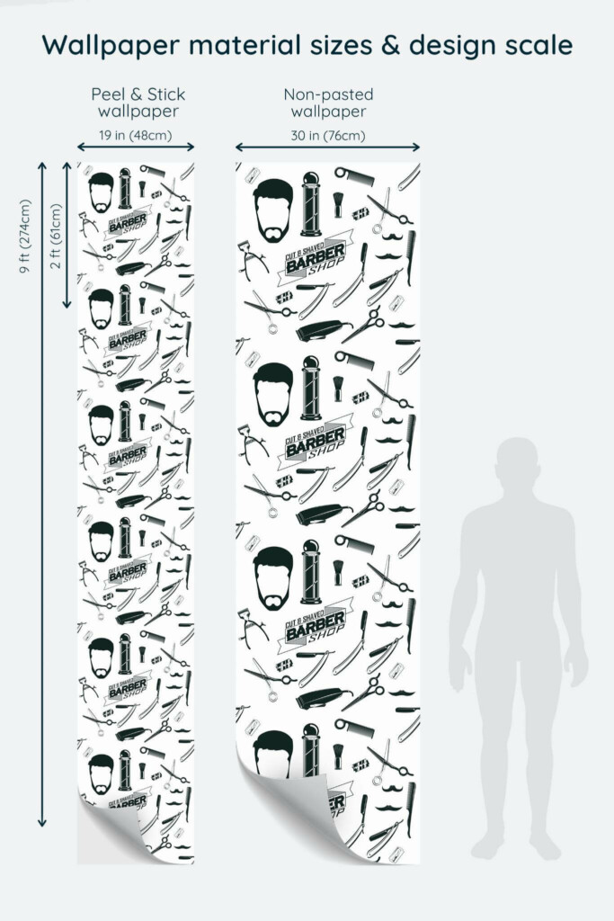 Size comparison of Black and white barber shop Peel & Stick and Non-pasted wallpapers with design scale relative to human figure