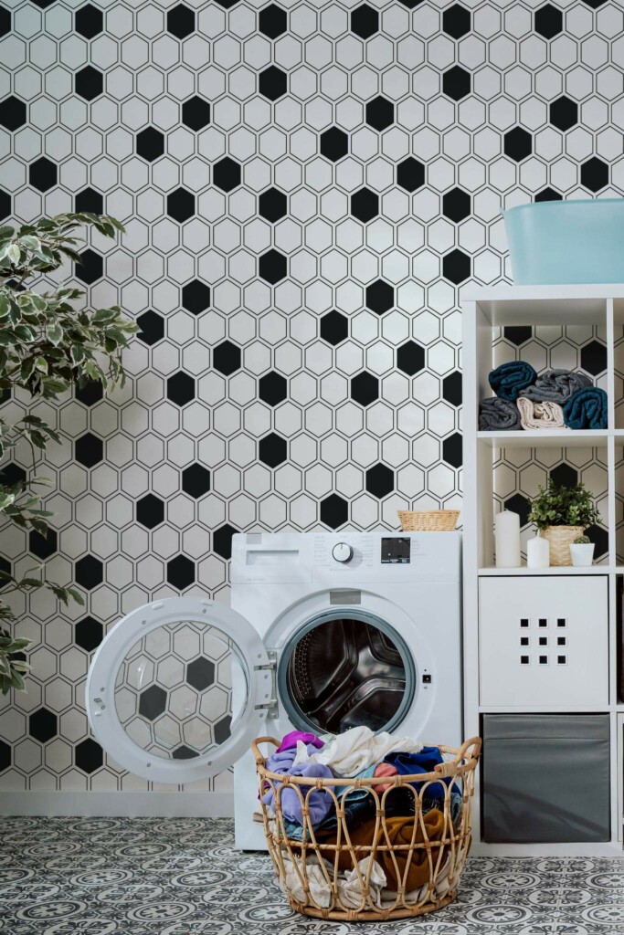 Minimal scandinavian style laundry room decorated with Black and white bathroom peel and stick wallpaper